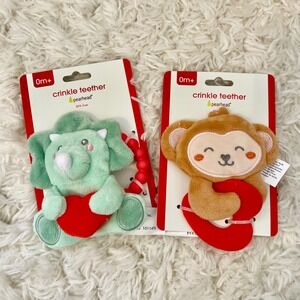 Pearhead Crinkle Teether Set 2pk Plush Triceratops‎ & Monkey Baby Sensory Toys
